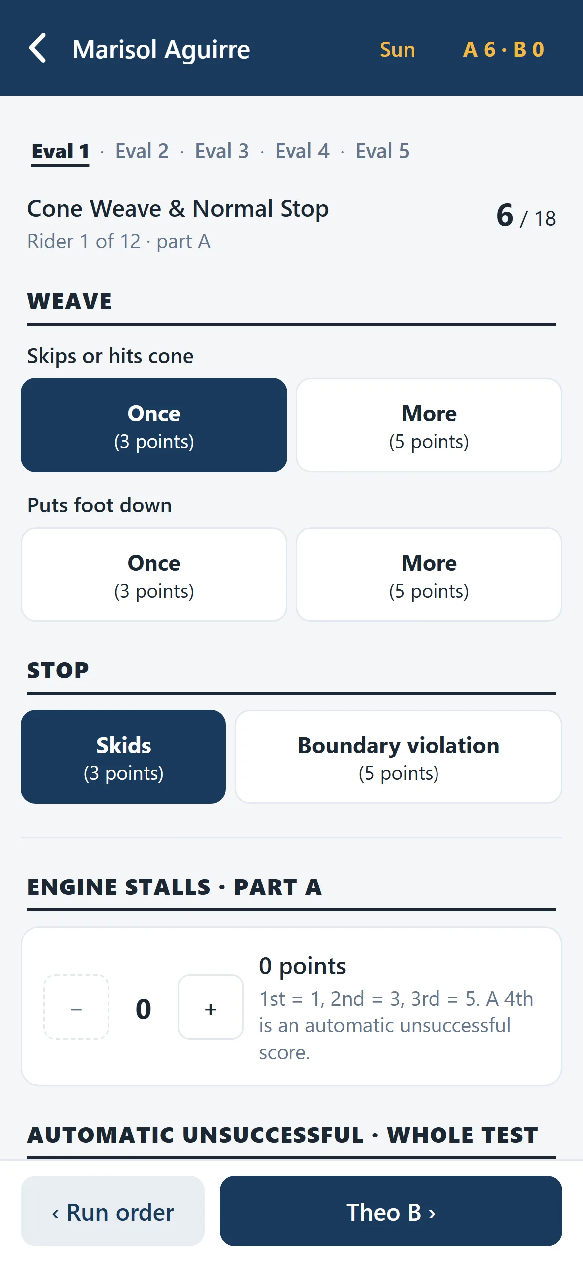 The skill evaluation on a phone: one rider, one exercise, the running score in the header and the next rider on the button below.